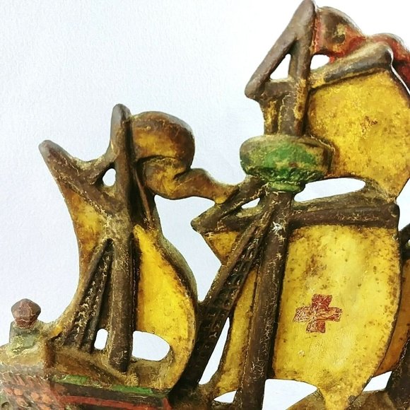 Doorstop Cast Iron Galleon Ship Painted with Red Cross on Sails - Picture 2 of 11